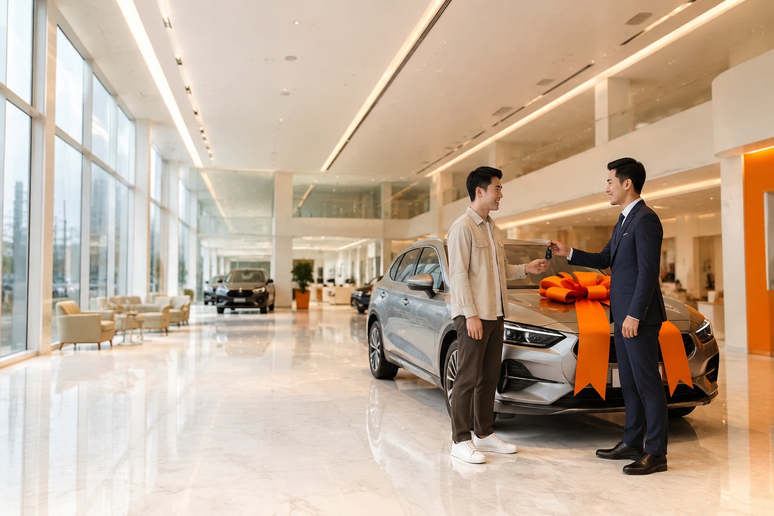 客户在汽车展厅喜提新车,笑容满面地接过车钥匙,对新车交付非常满意